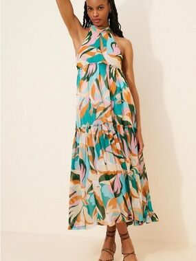 NWOT Anthropologie Maeve Sleeveless Halter Maxi Dress in Teal Multi